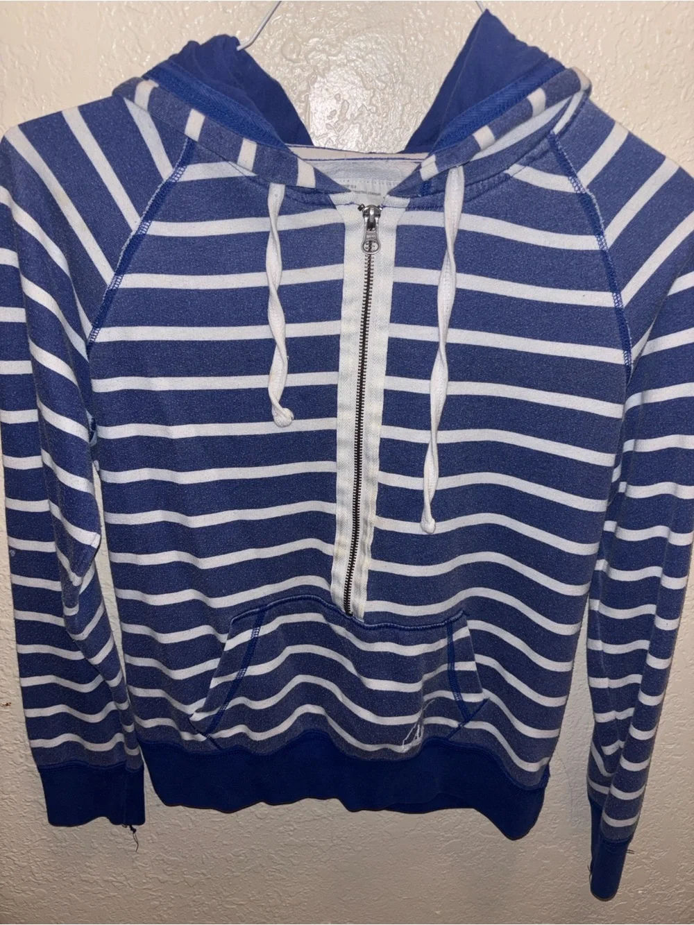 Striped Blue & White Half-Zip Hoodie Sweater - Women